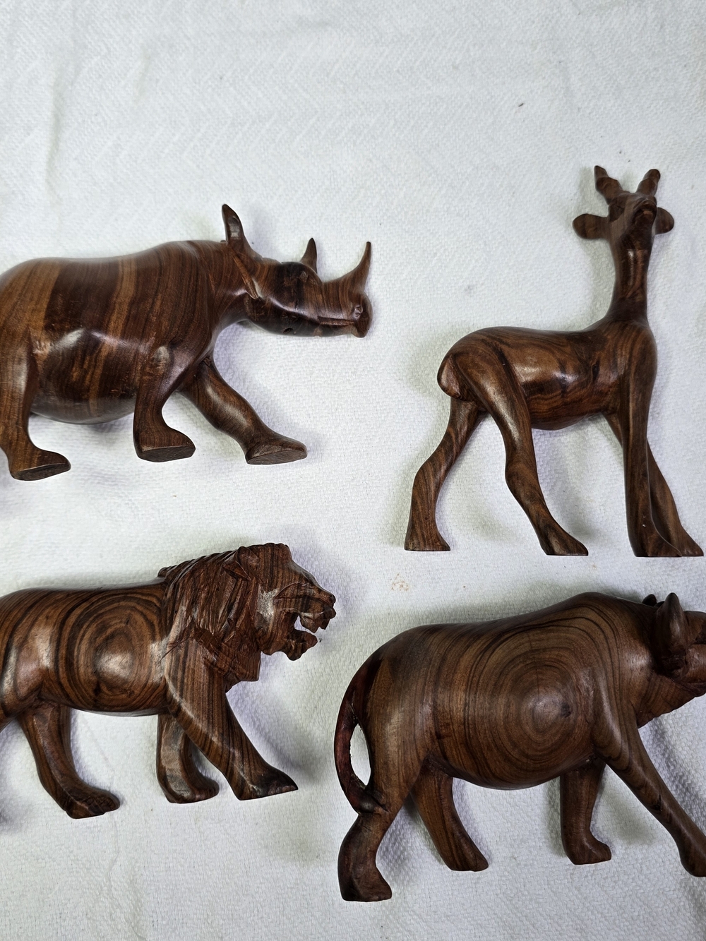 Vintage Hand-Carved Wooden African Safari Animals – Rhino, Lion, Deer & Bull